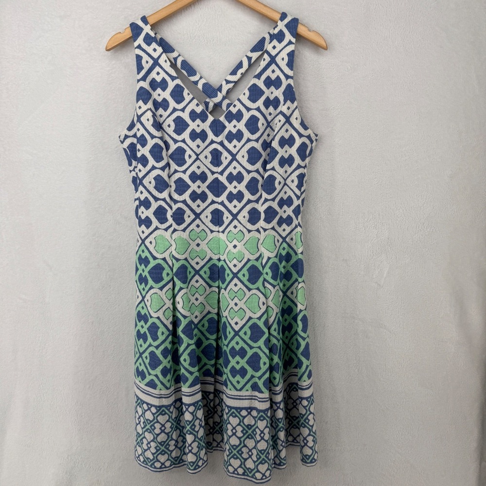 Just Taylor Fit & Flare‎ Dress Womens 10 Blue Green Geometric Cotton Sleeveless